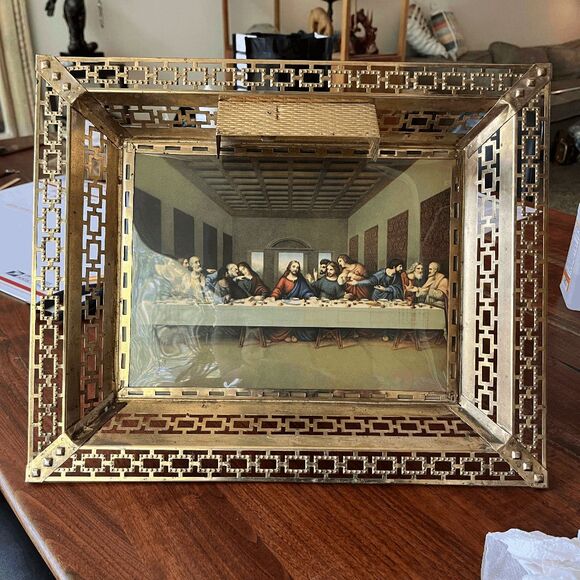 Vintage Framed Last Supper Lithograph Tray w/ Light Fixture – Gold Frame - Picture 1 of 10